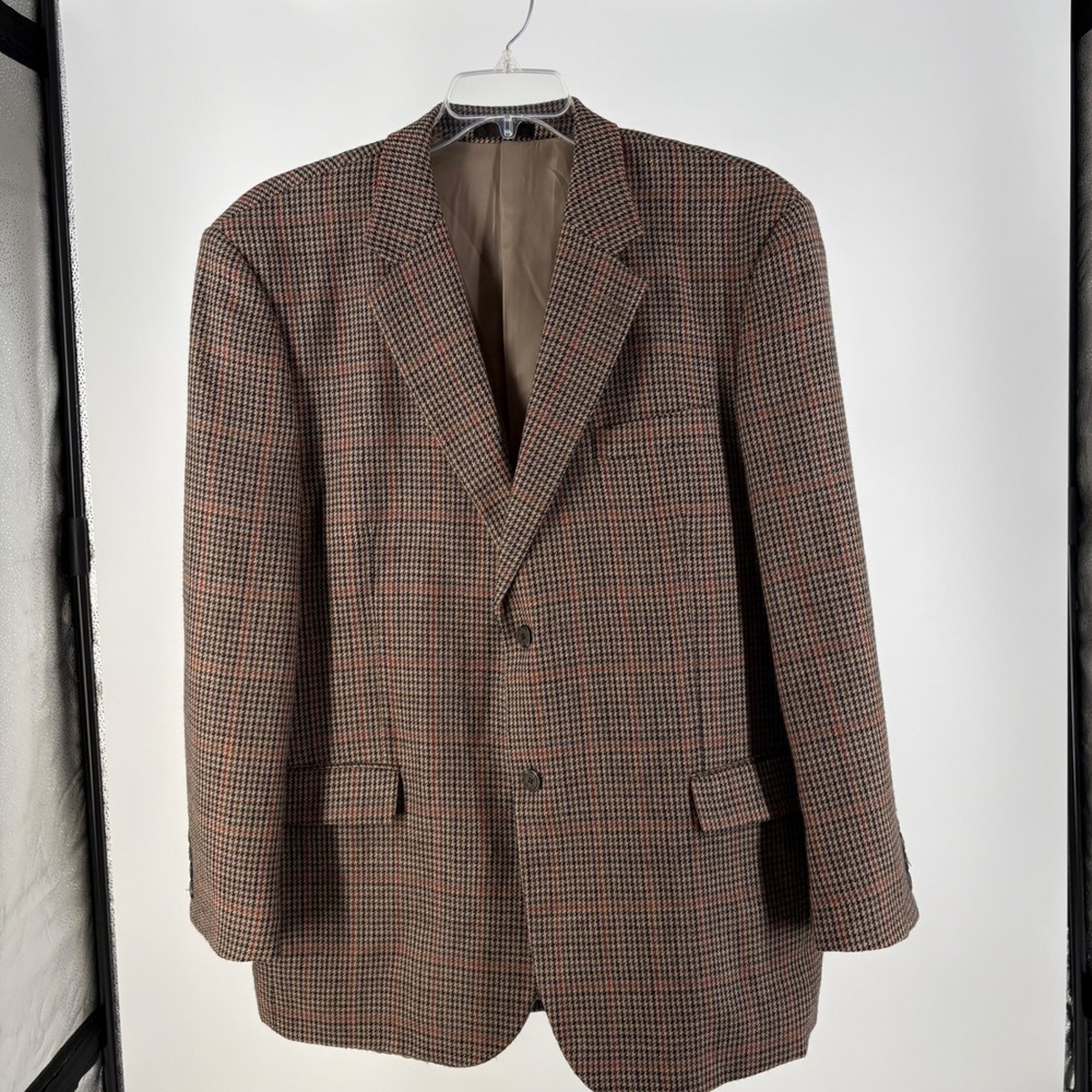 TravelSmith Mens 46R Wool Houndstooth Blazer Brown Plaid Sport Coat 75044